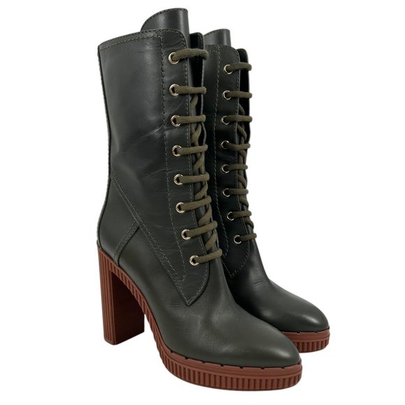 NWOB Tod's Green Leather Lace Up Heeled Boots - Picture 1 of 12
